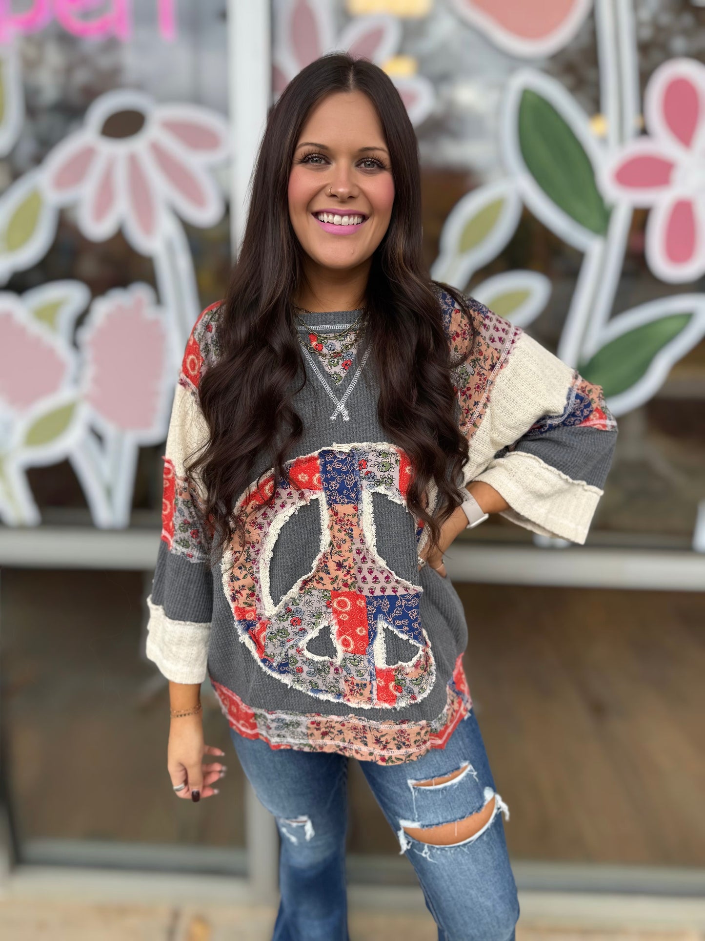 Oversized Peace Patch Stitch Knit Top