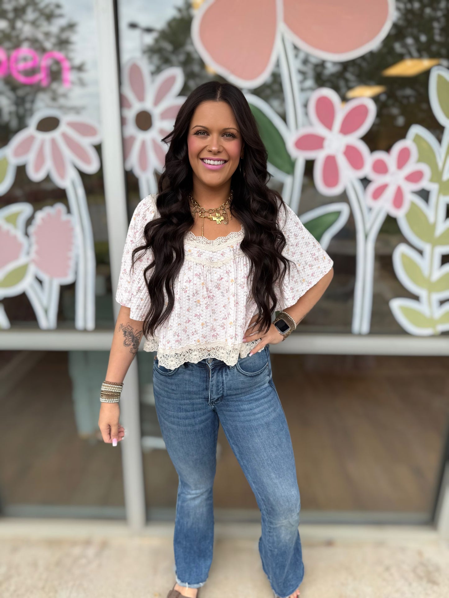 Floral Printed Lace Soft Knit Top