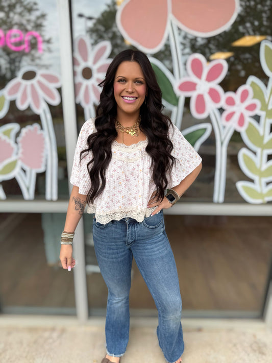 Floral Printed Lace Soft Knit Top