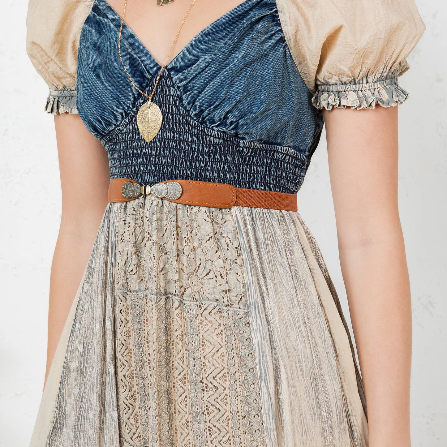 Ruffled Asym Hem Midi Dress with Denim Inserts