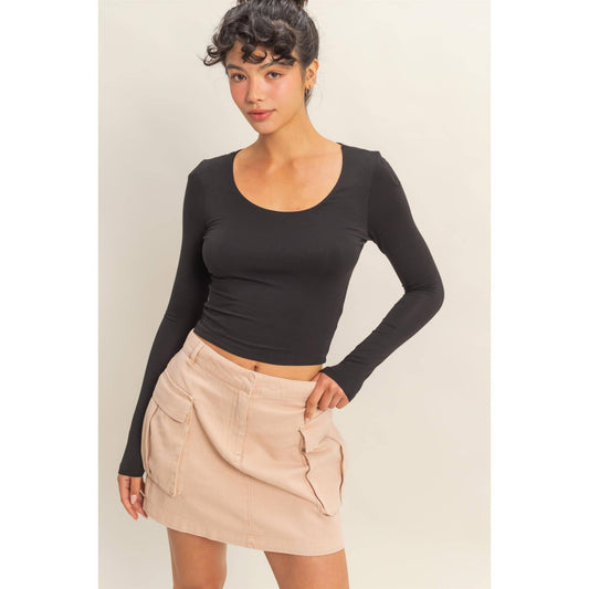 Scoop Neck Long Sleeve Crop Top