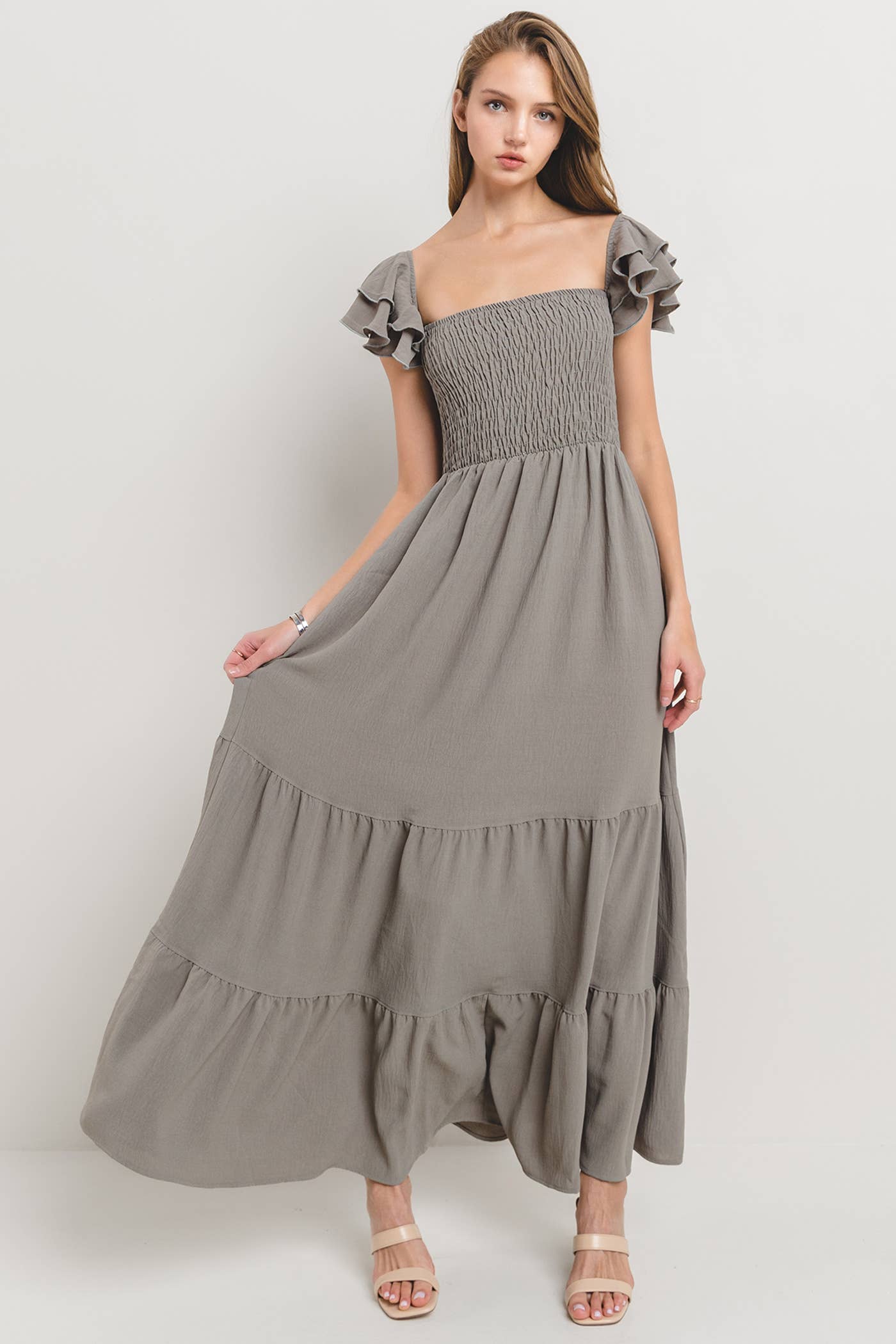 Plus Solid Flared Sleeve Long Tiered Dress