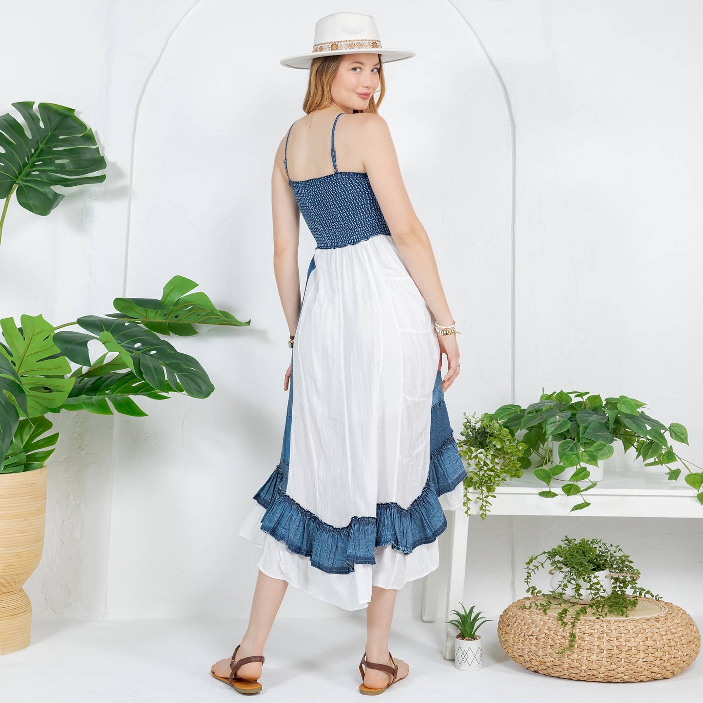 Ruffled Midi Dress with Denim Inserts