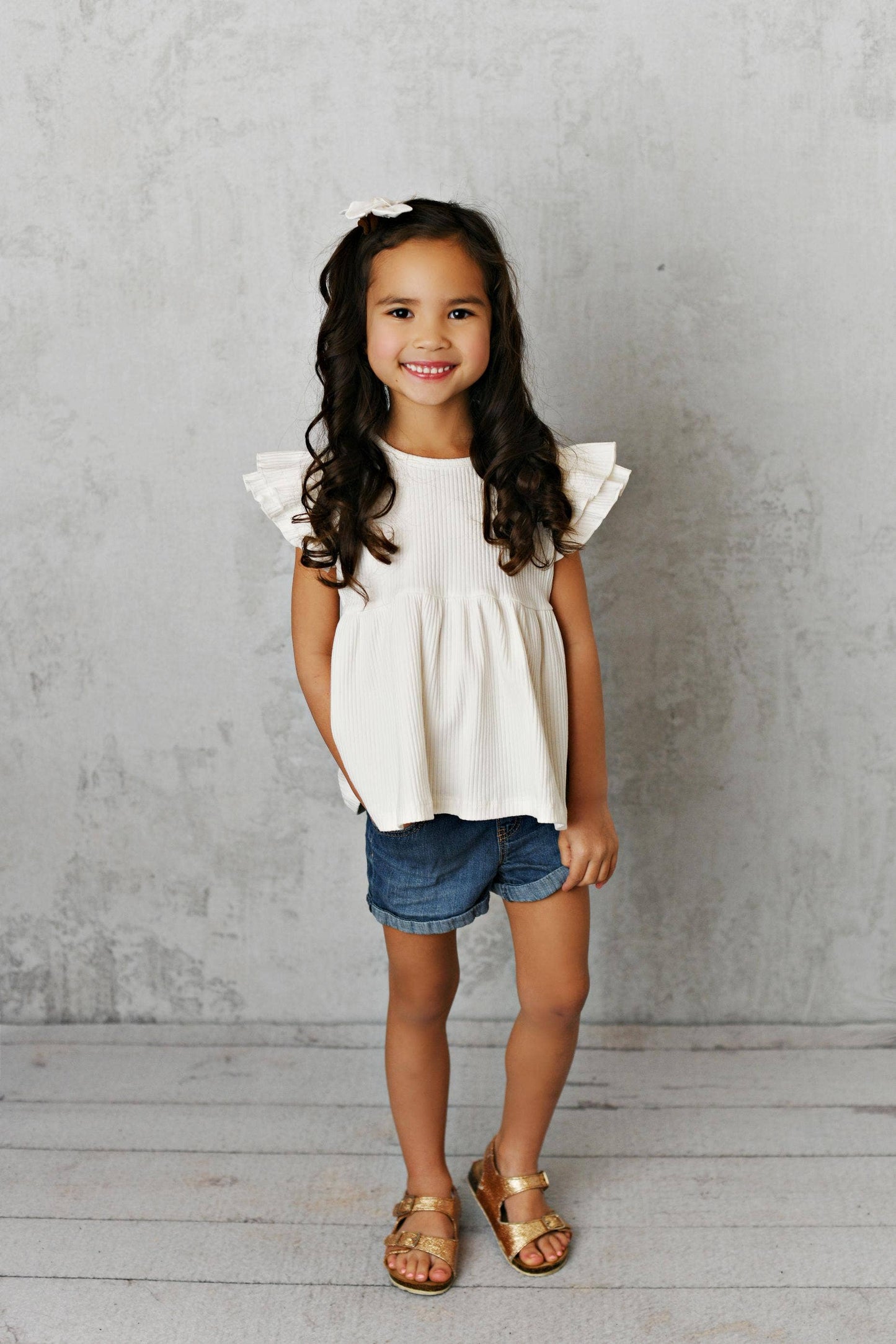 Kids White Double Ruffle Flutter Sleeve Spring Summer Shirt