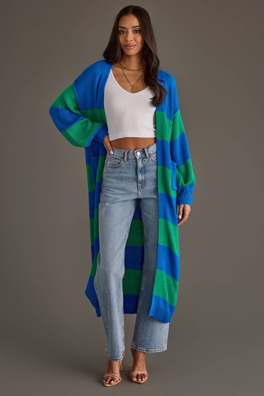 Royal Blue & Green Striped Duster Cardigan