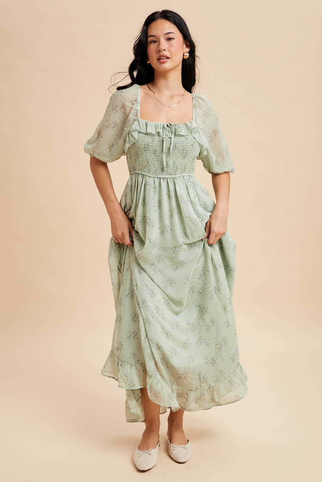 Green Tea Ruffle Floral Maxi