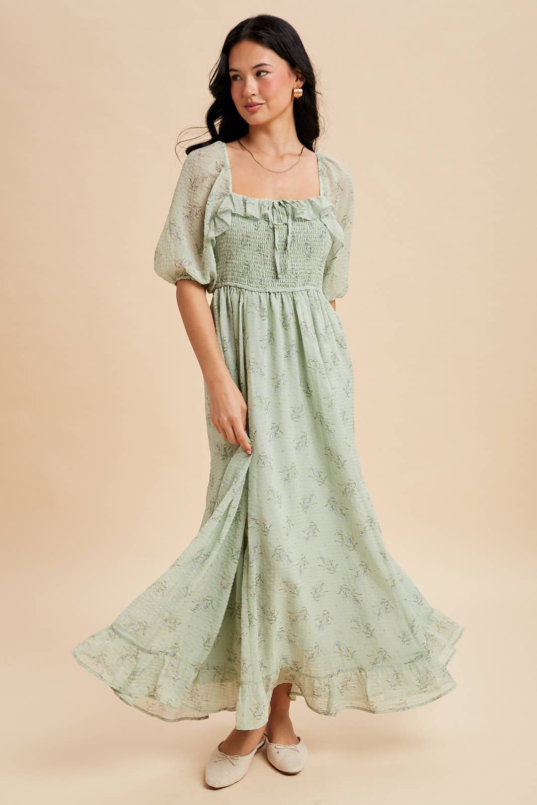Green Tea Ruffle Floral Maxi