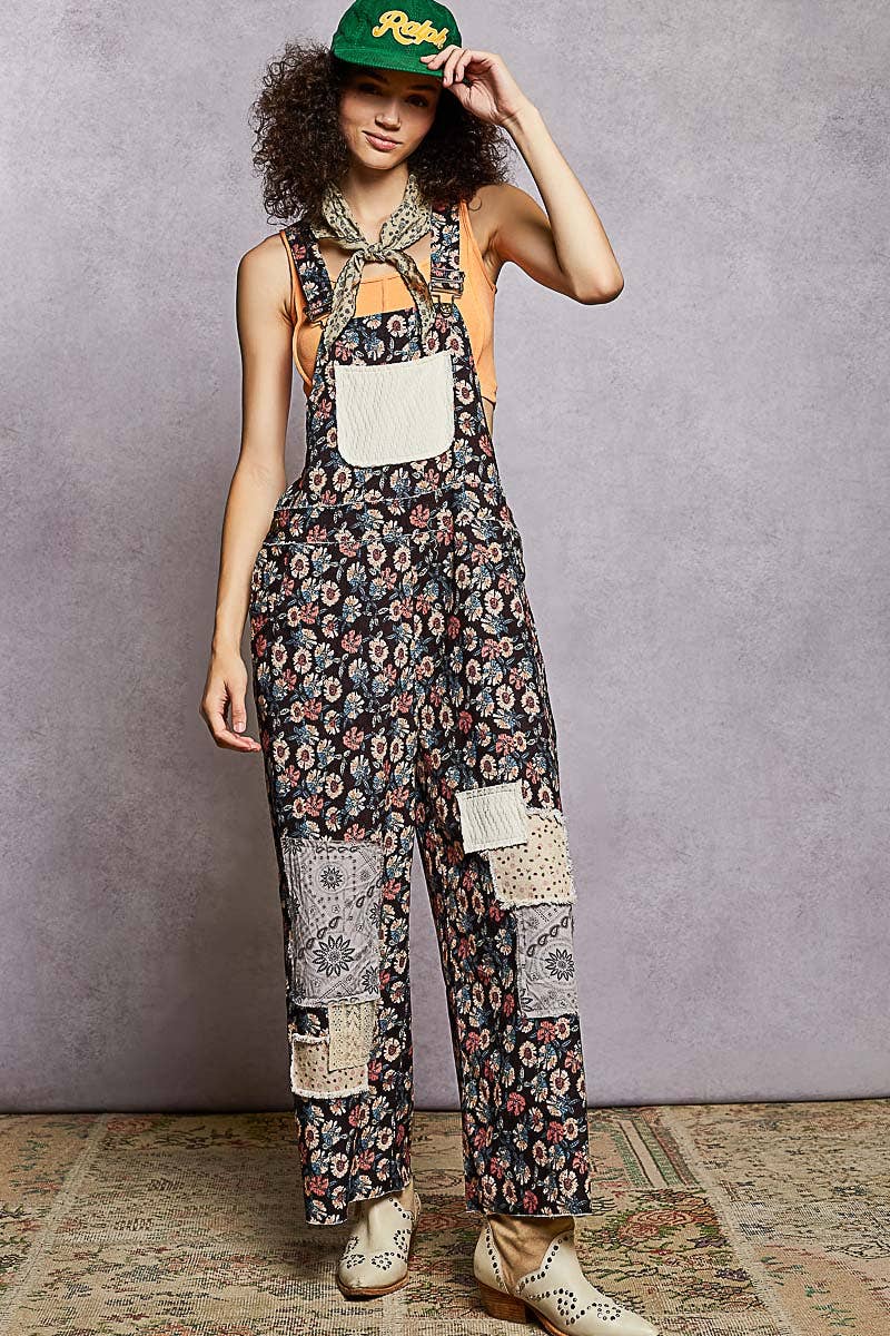 Black Multi Floral Corduroy Overalls