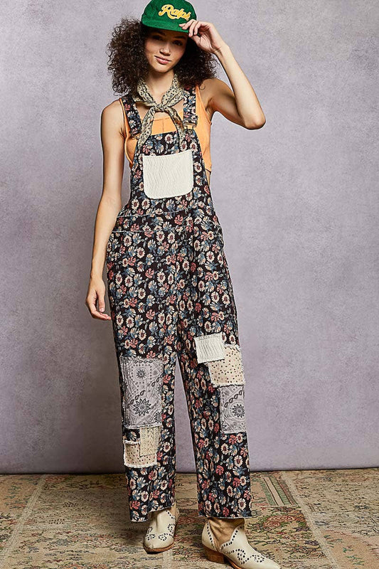 Black Multi Floral Corduroy Overalls