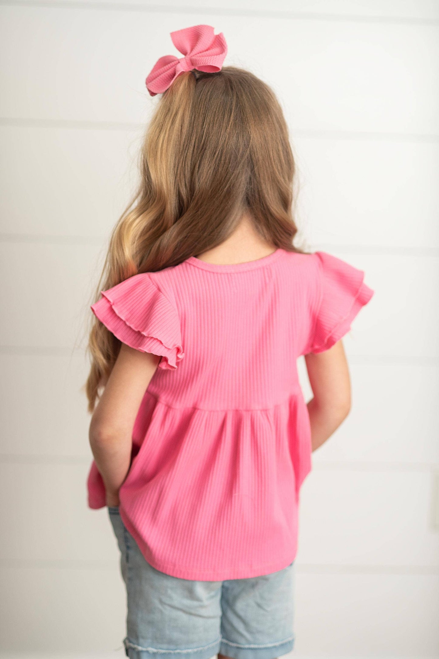 Kids Bright Pink Double Ruffle Flutter Sleeve Spring Shirt