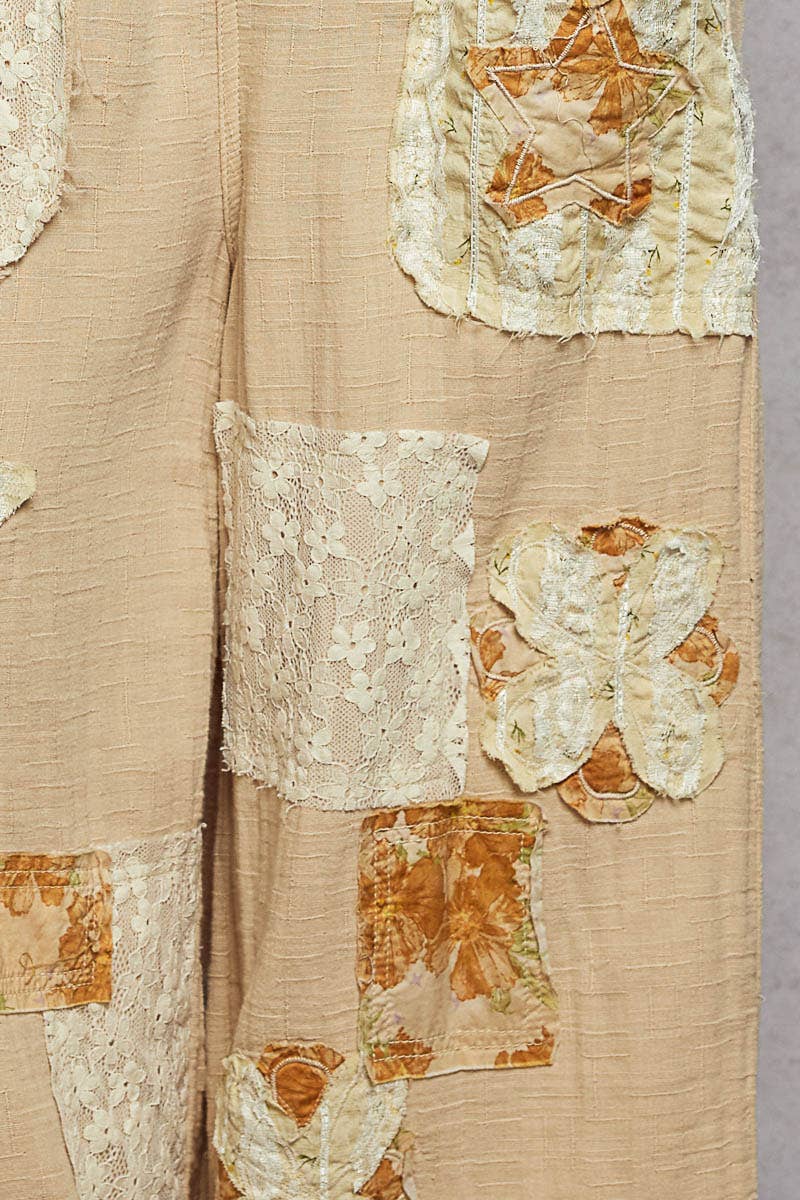 Double Gauze Lace Contrast Side Zipper Patchwork Overalls