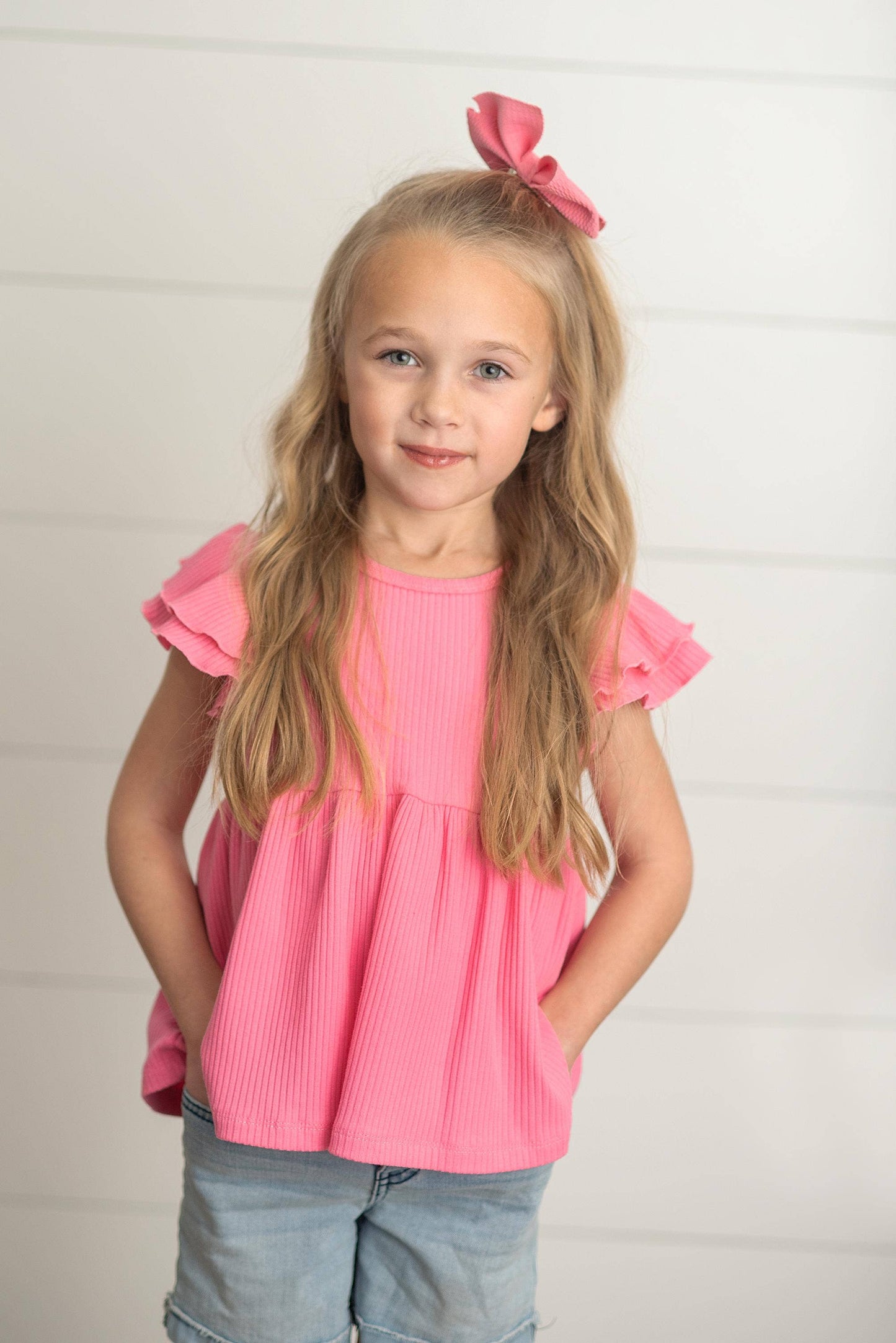 Kids Bright Pink Double Ruffle Flutter Sleeve Spring Shirt