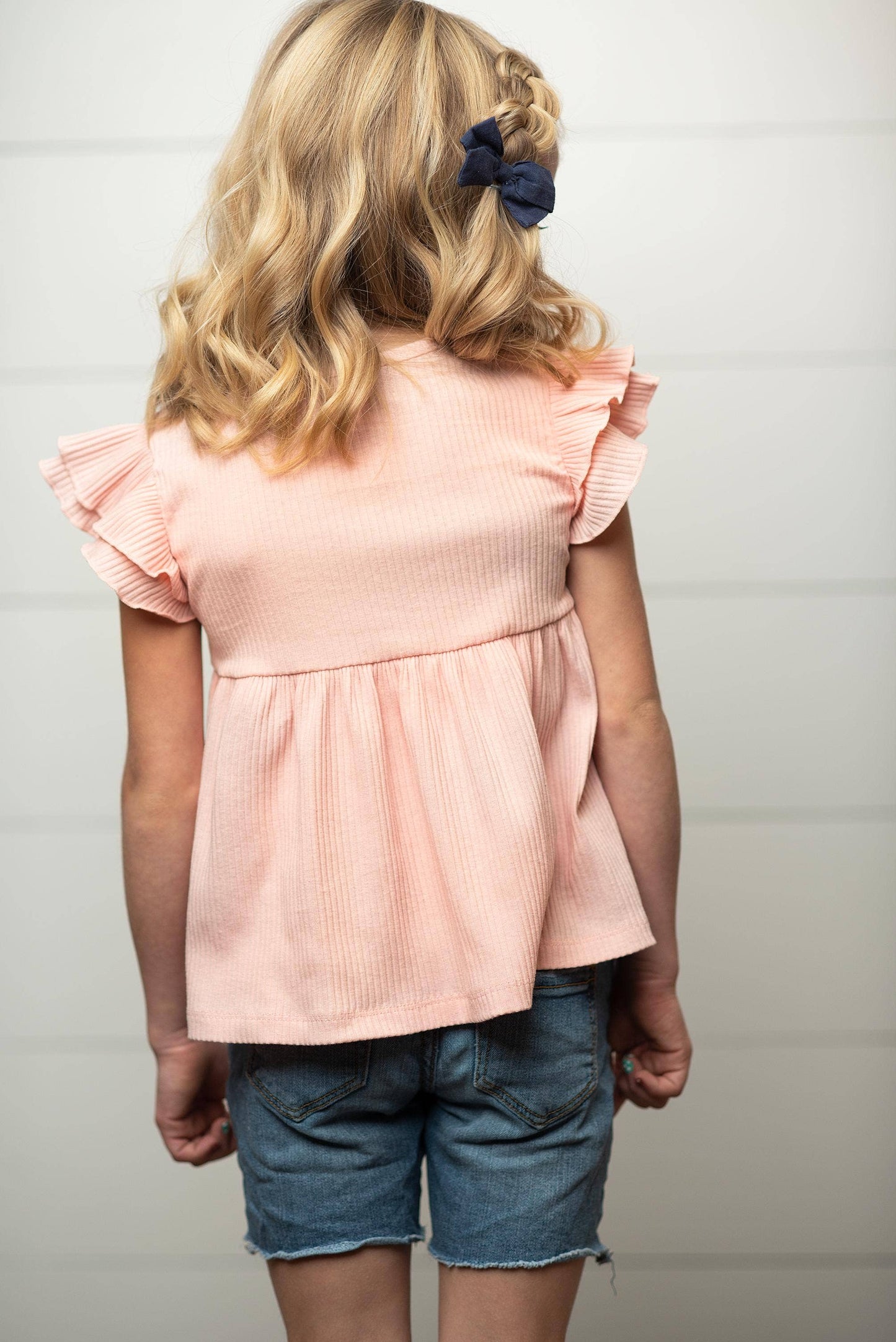 Kids Light Pink Double Ruffle Flutter Sleeve Spring Shirt