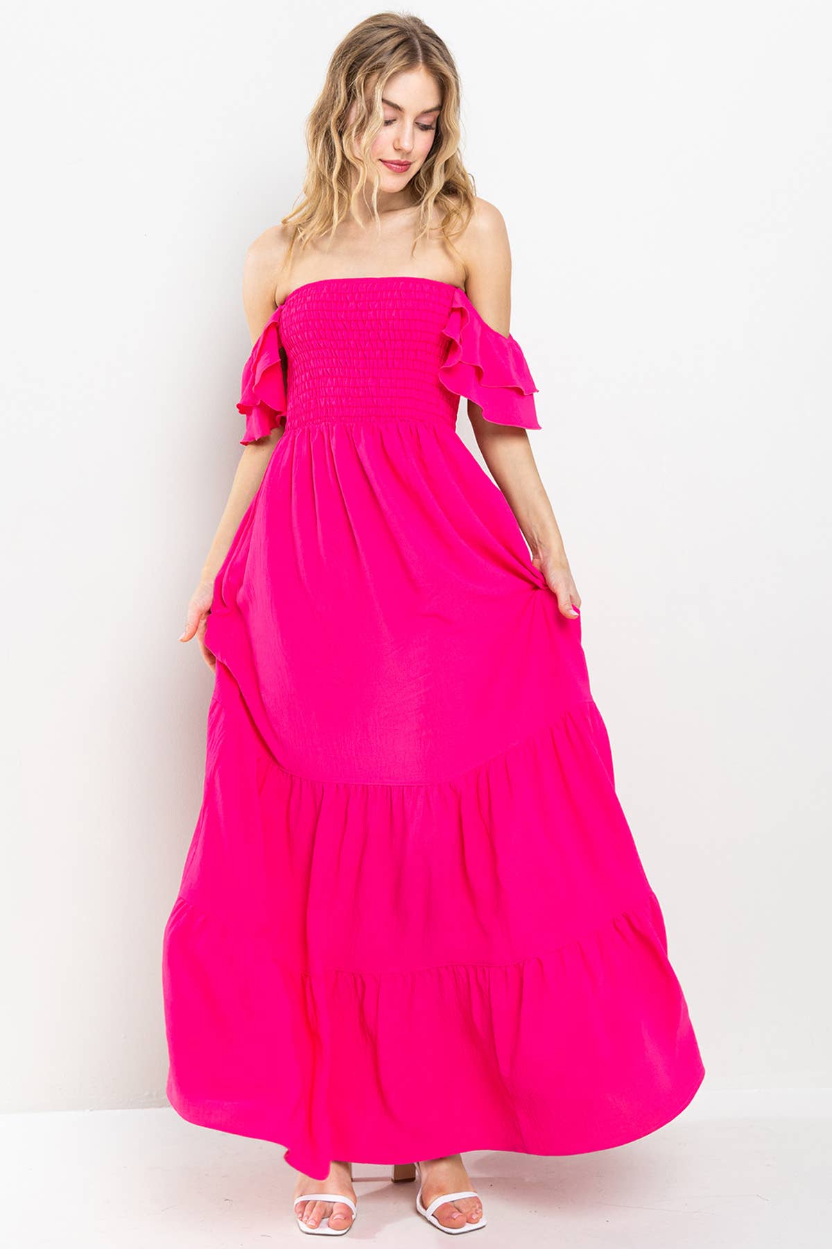 Pink Flared Sleeve Long Tiered Dress