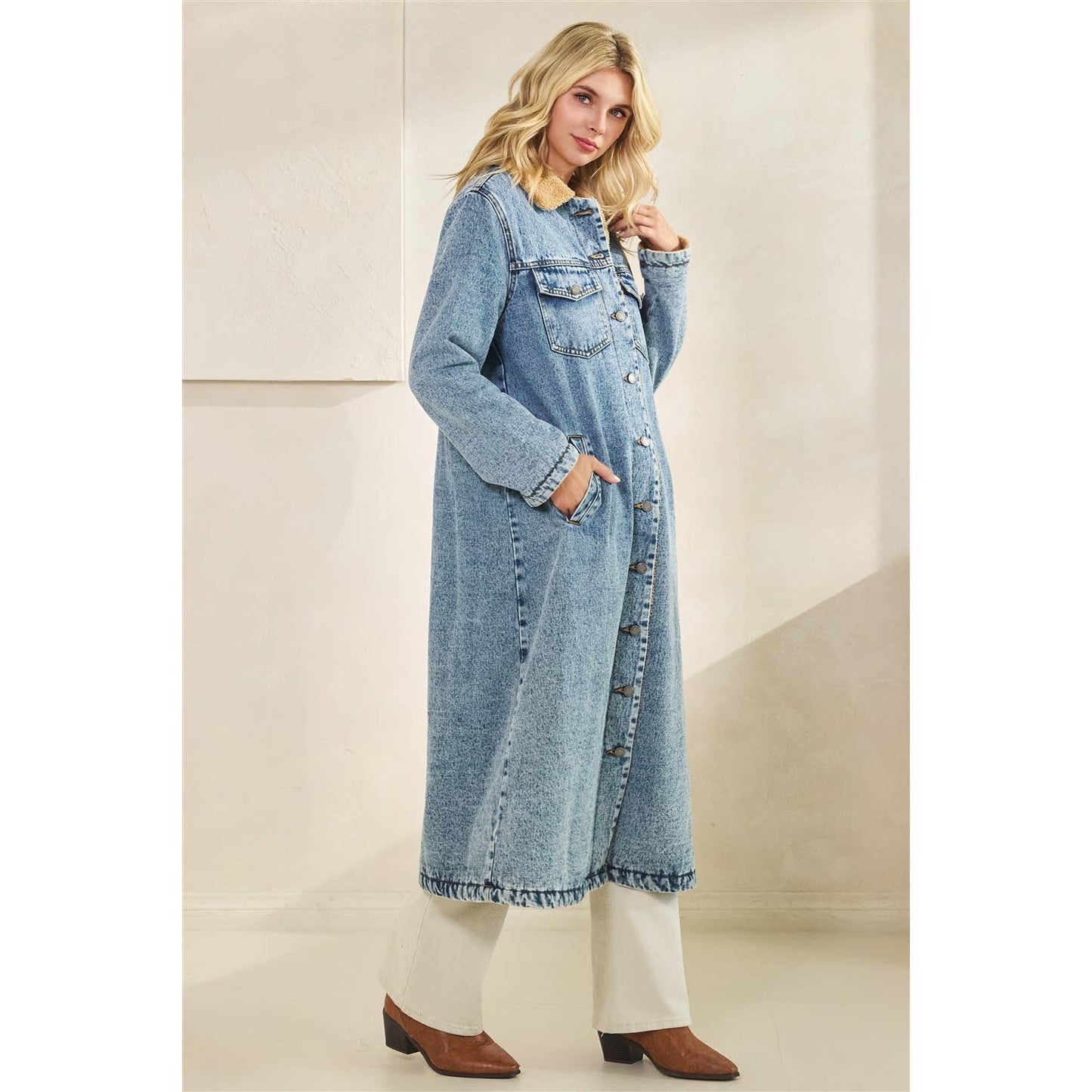 Teddy Lined Long Denim Jacket