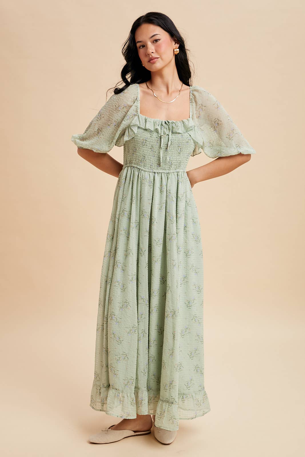Green Tea Ruffle Floral Maxi