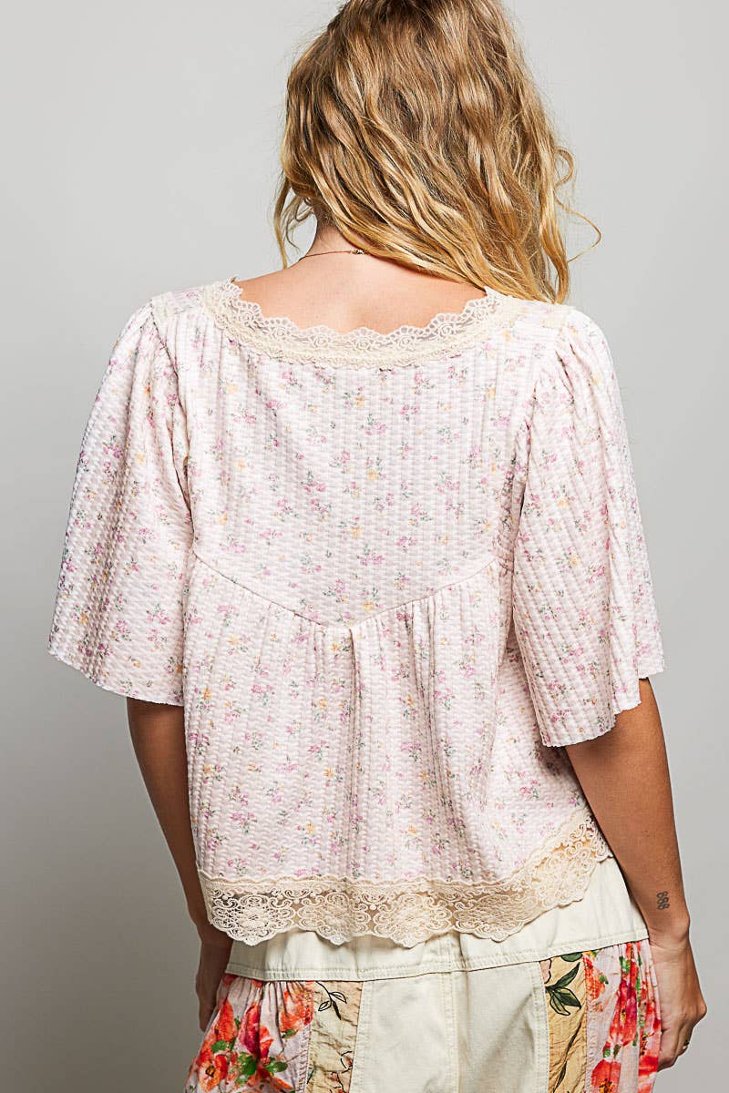 Floral Printed Lace Soft Knit Top