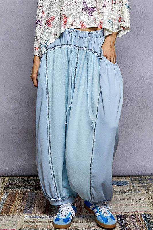 Overlock Stitch Solid Thermal Double Gauze Rib Mix Pants