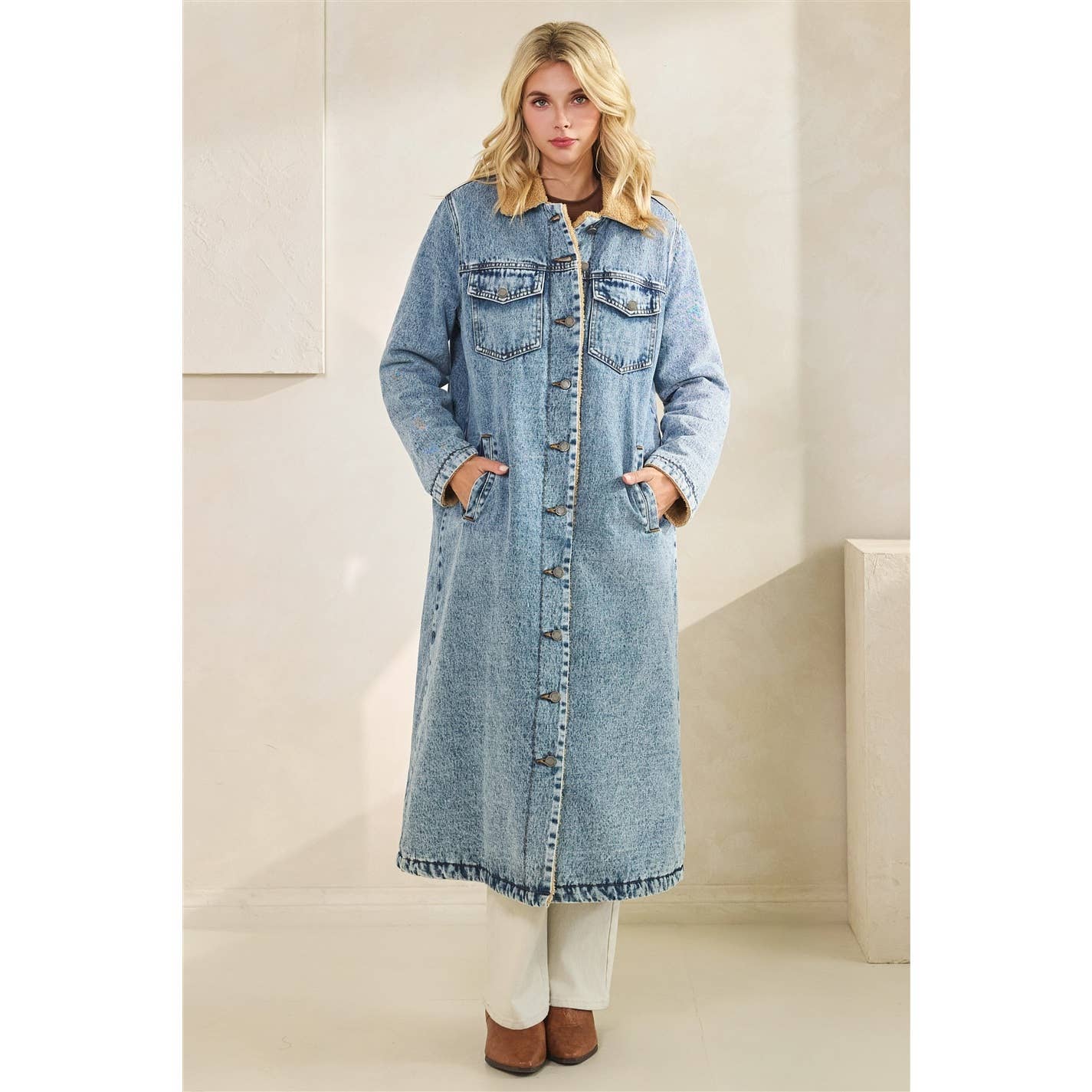 Teddy Lined Long Denim Jacket