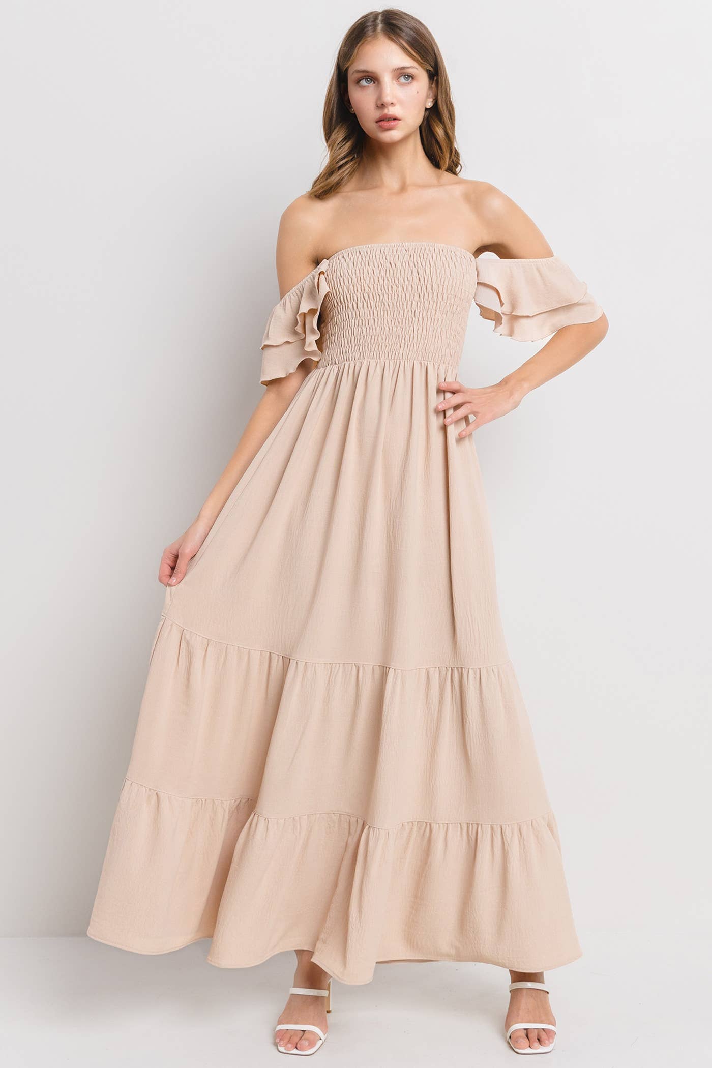 Solid Flared Sleeve Long Tiered Dress