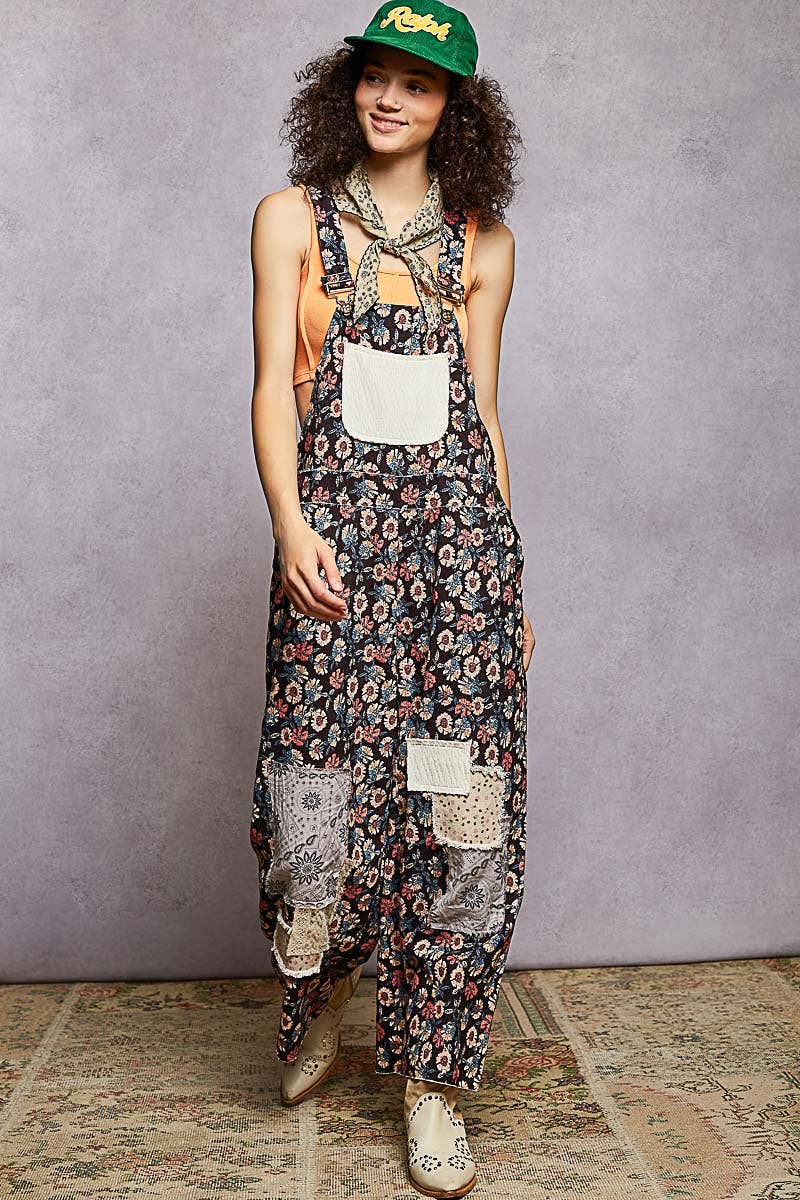 Black Multi Floral Corduroy Overalls