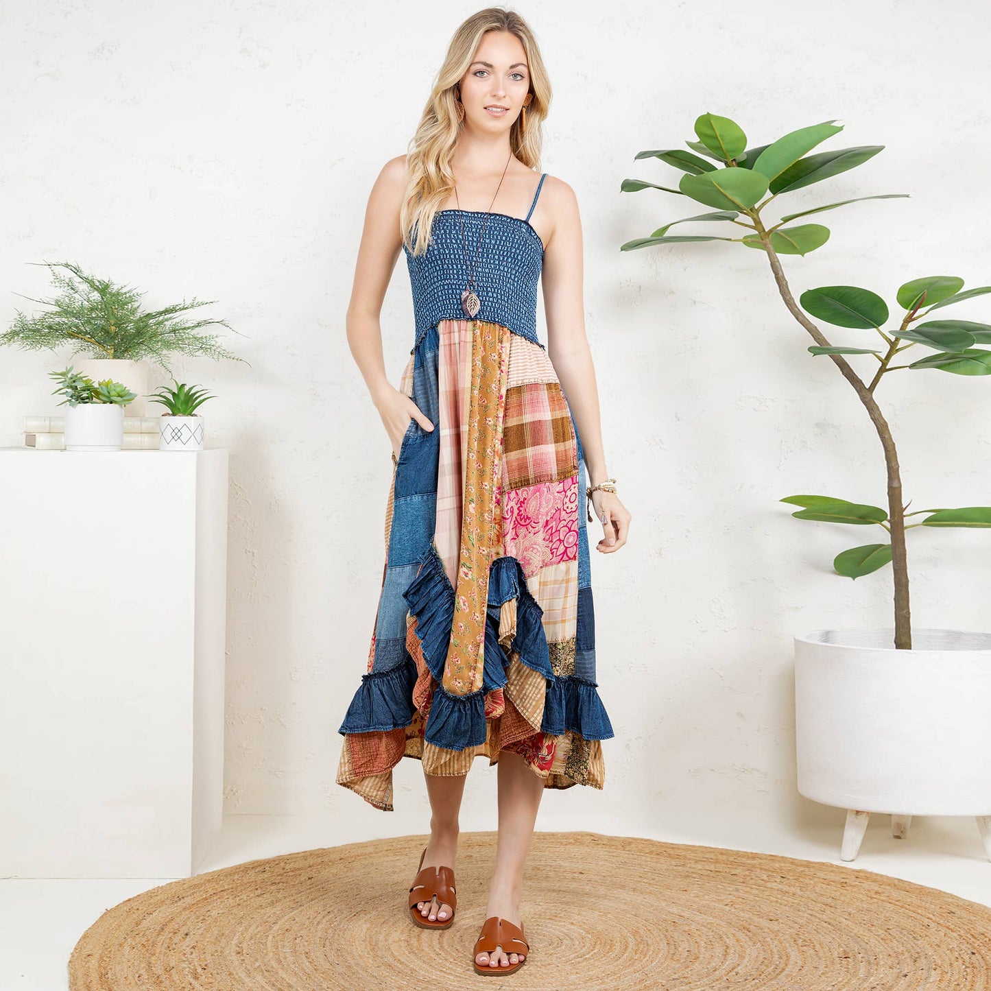 Ruffled Midi Dress with Denim Inserts