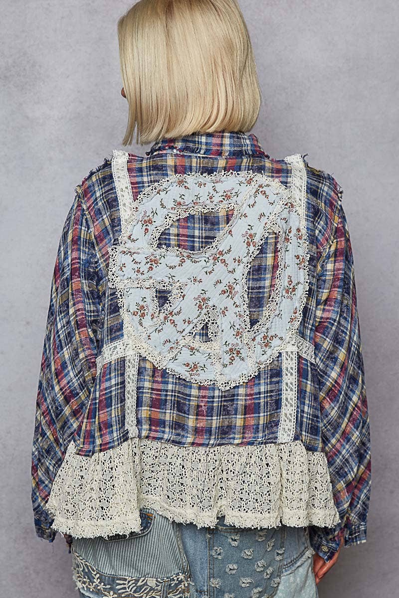 Plaid Pattern Peace Patch Shirt