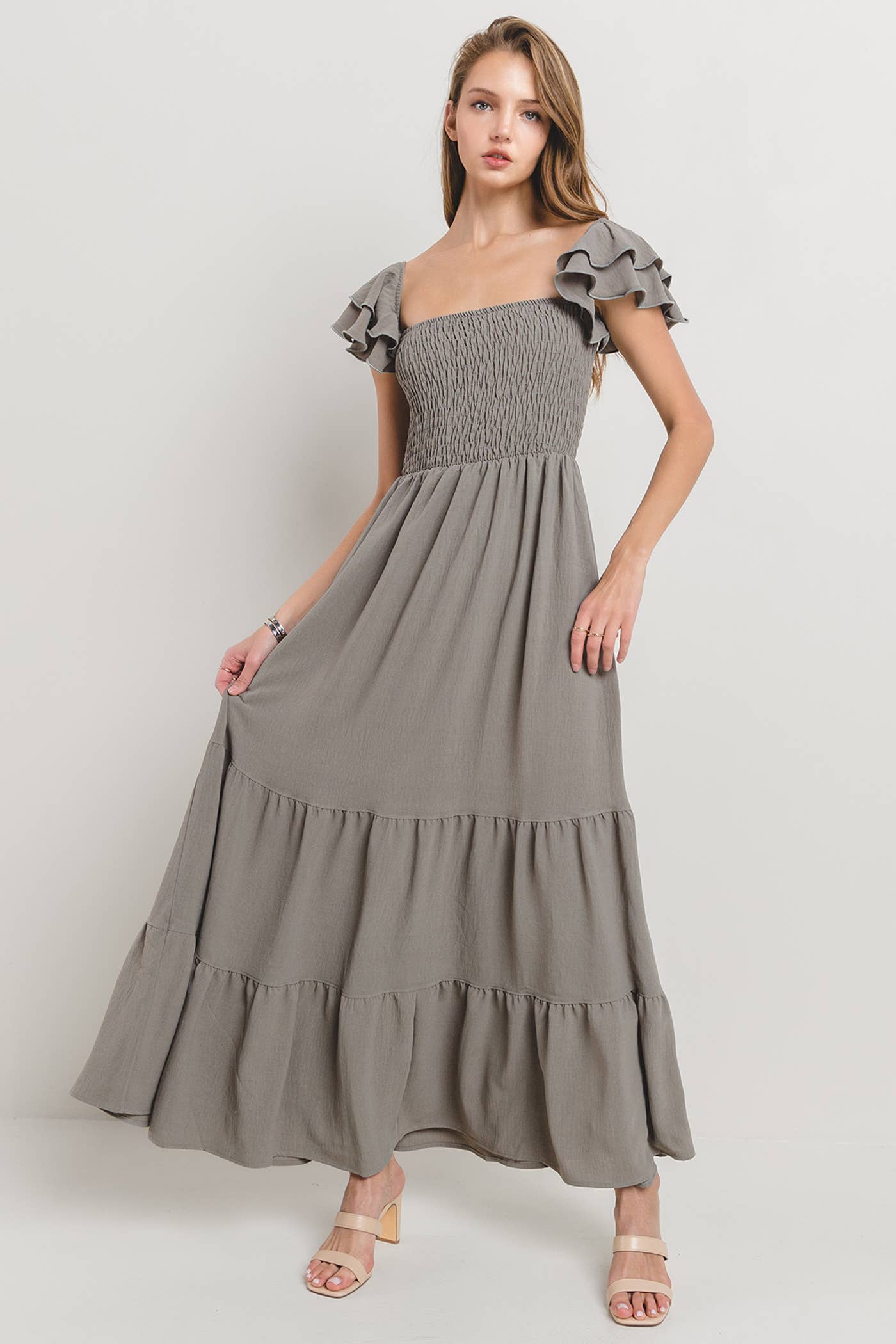 Plus Solid Flared Sleeve Long Tiered Dress