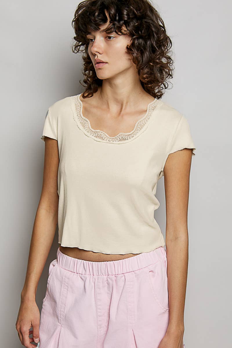 Round Neck Short Sleeve Lace Neckline Solid Rib Top