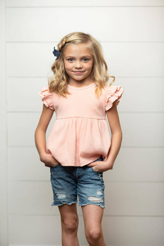 Kids Light Pink Double Ruffle Flutter Sleeve Spring Shirt