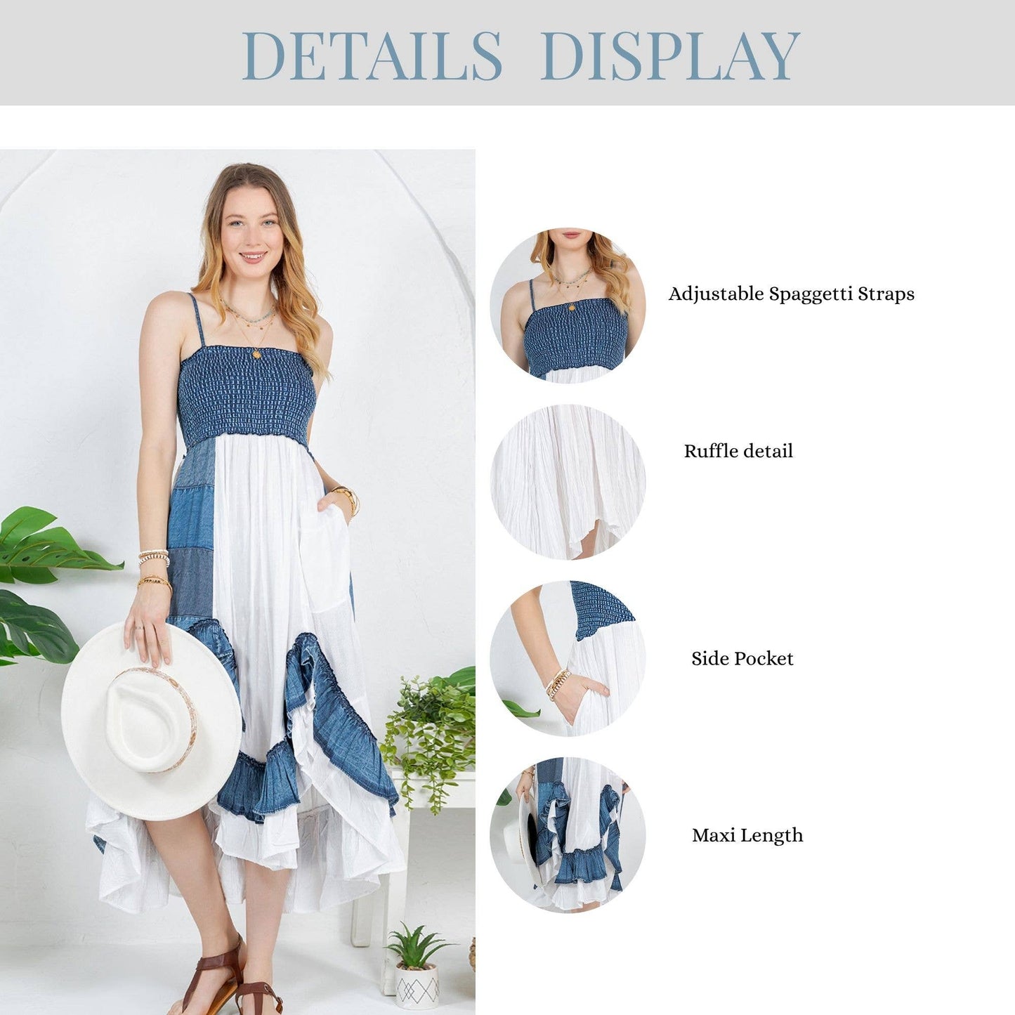 Ruffled Midi Dress with Denim Inserts
