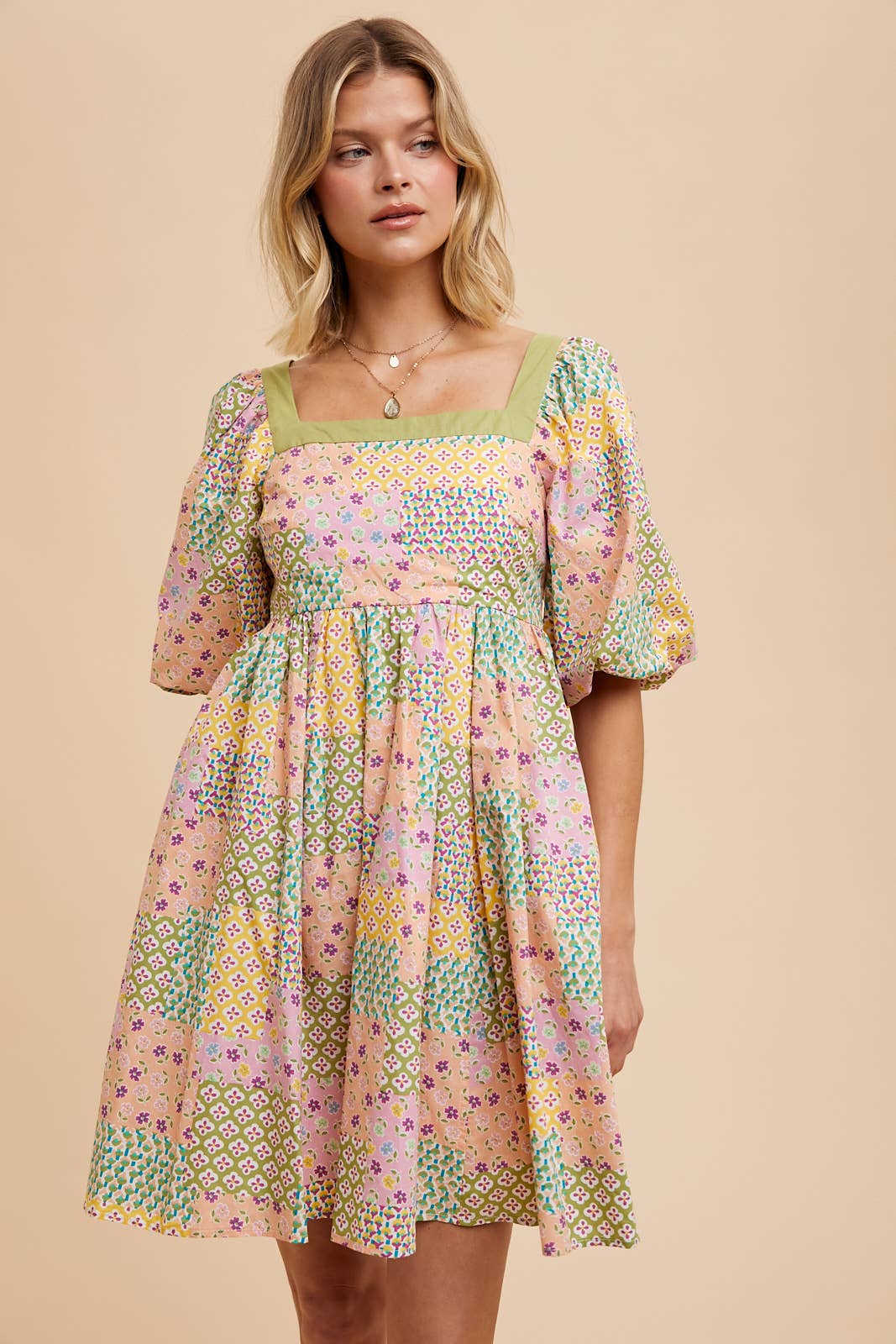 COTTON PATCHWORK FLORAL MINI DRESS