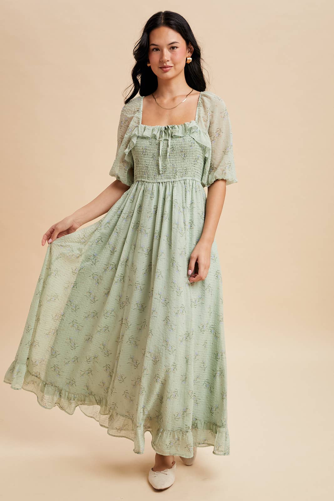 Green Tea Ruffle Floral Maxi