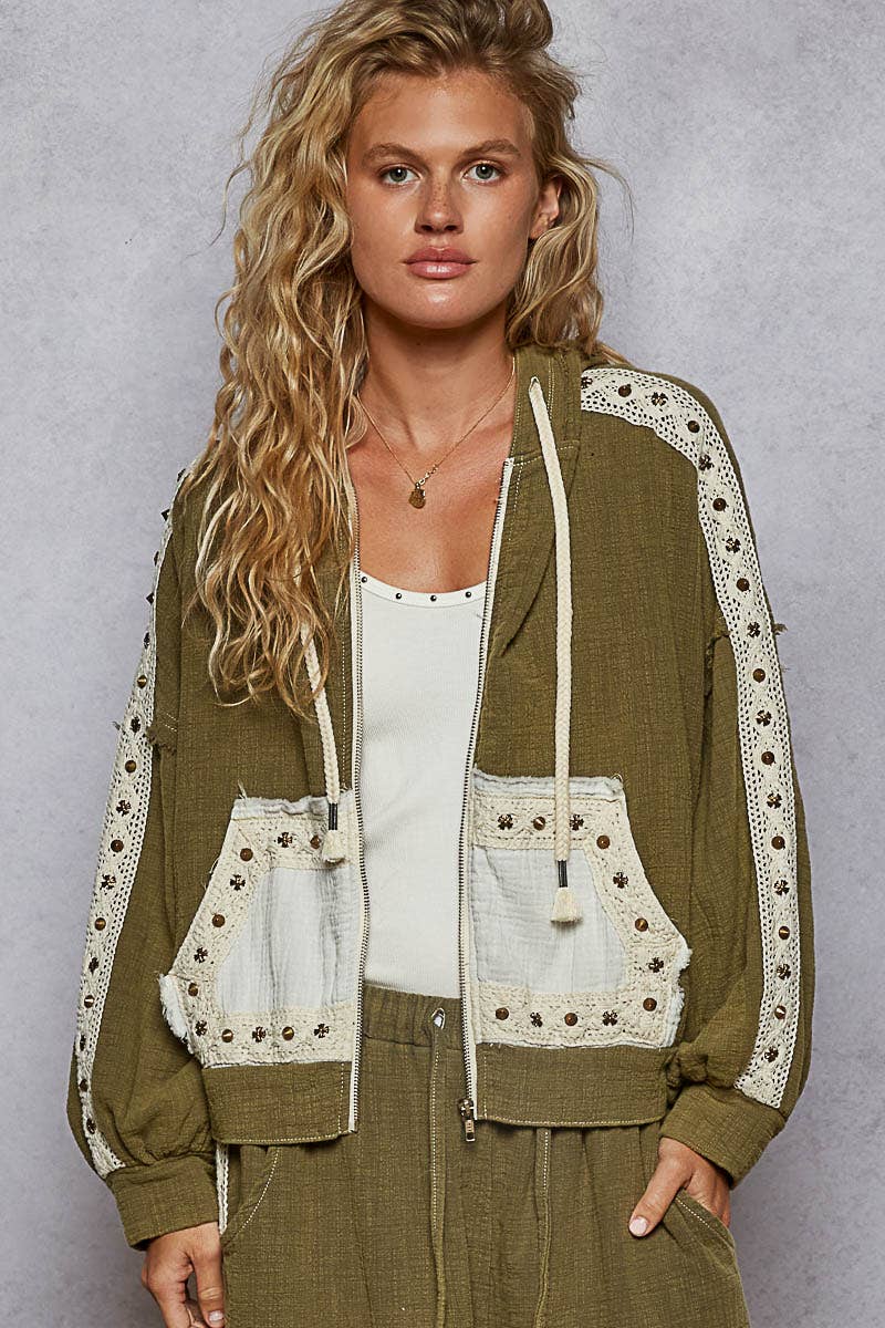 Vintage Gauze Stud Detail Hoodie Jacket