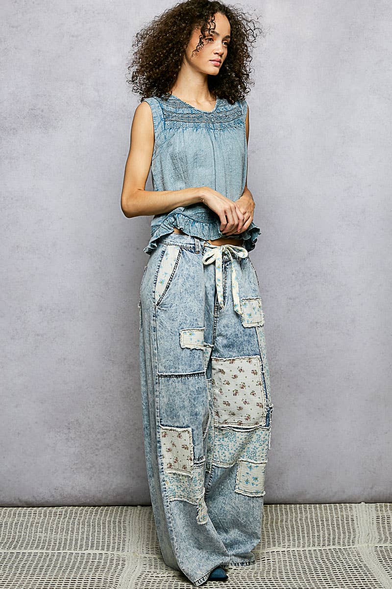 Patchwork Detail Denim Straight Fit Pants