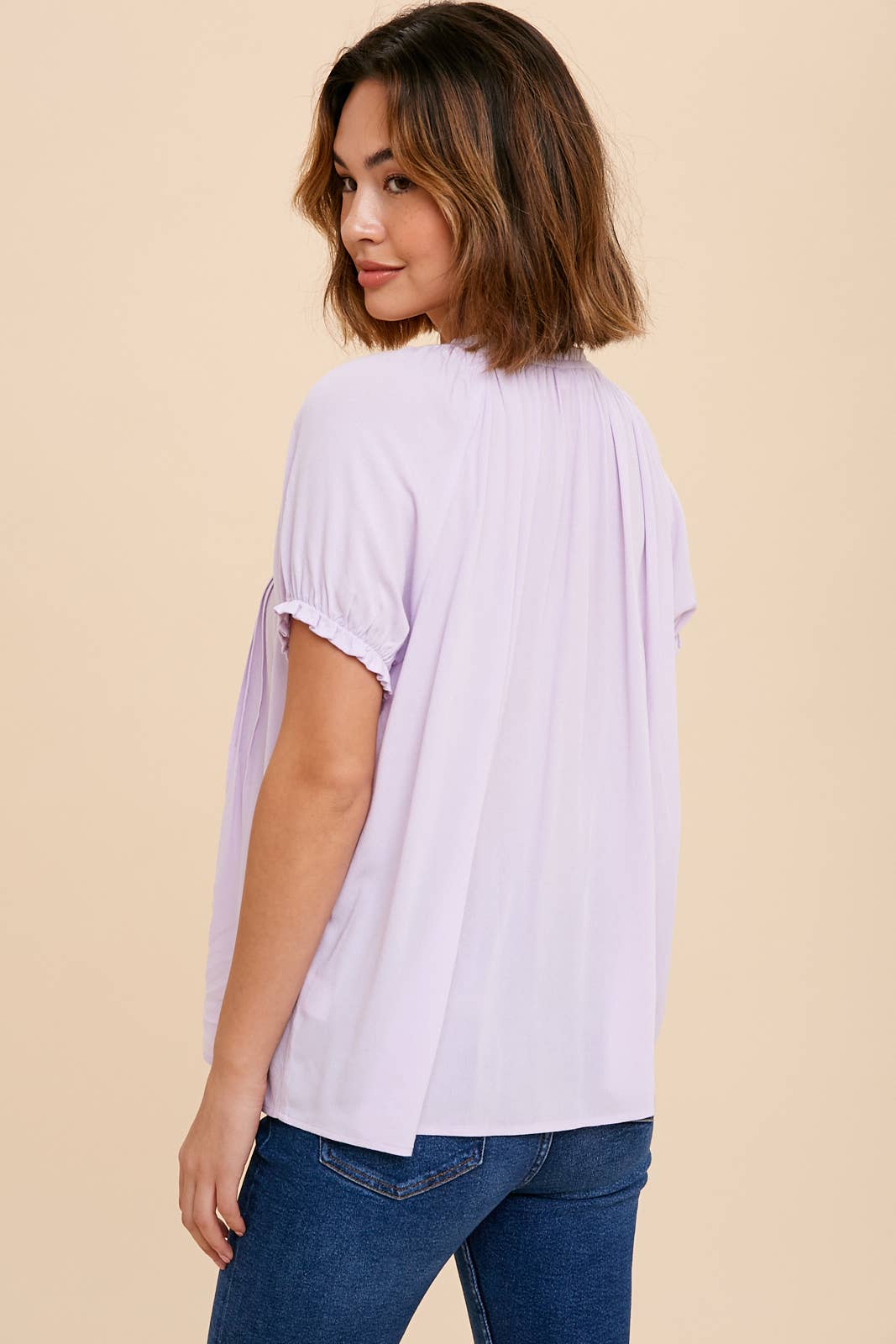 Ruffled Lace Inset Trim Button Top