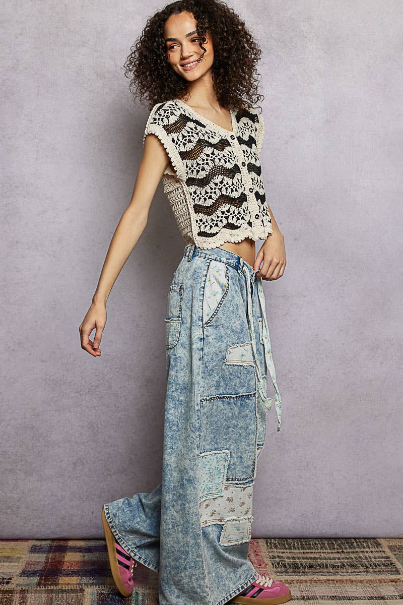 Patchwork Detail Denim Straight Fit Pants