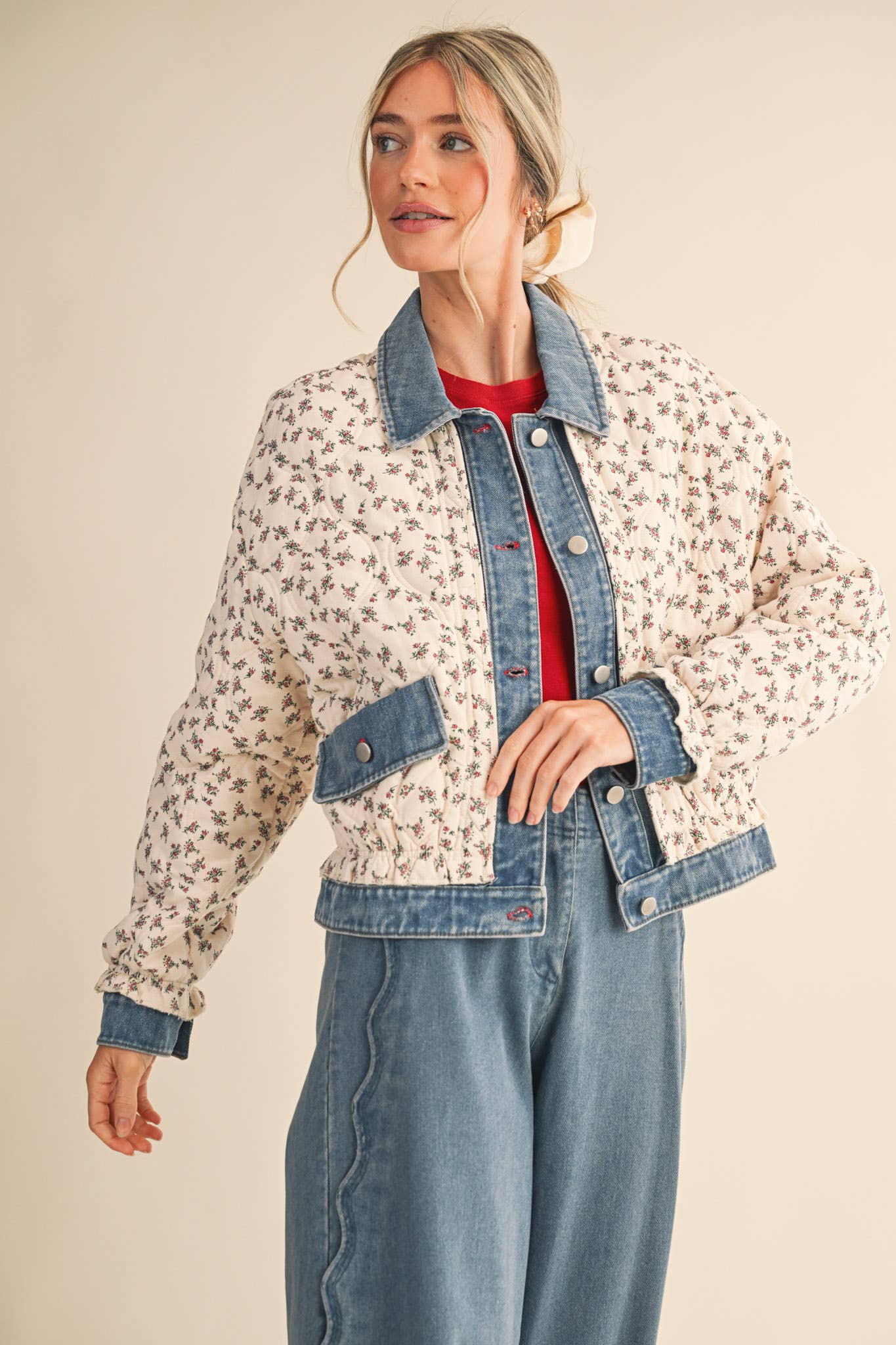 Floral Quilted Jacket With Denim Contrast