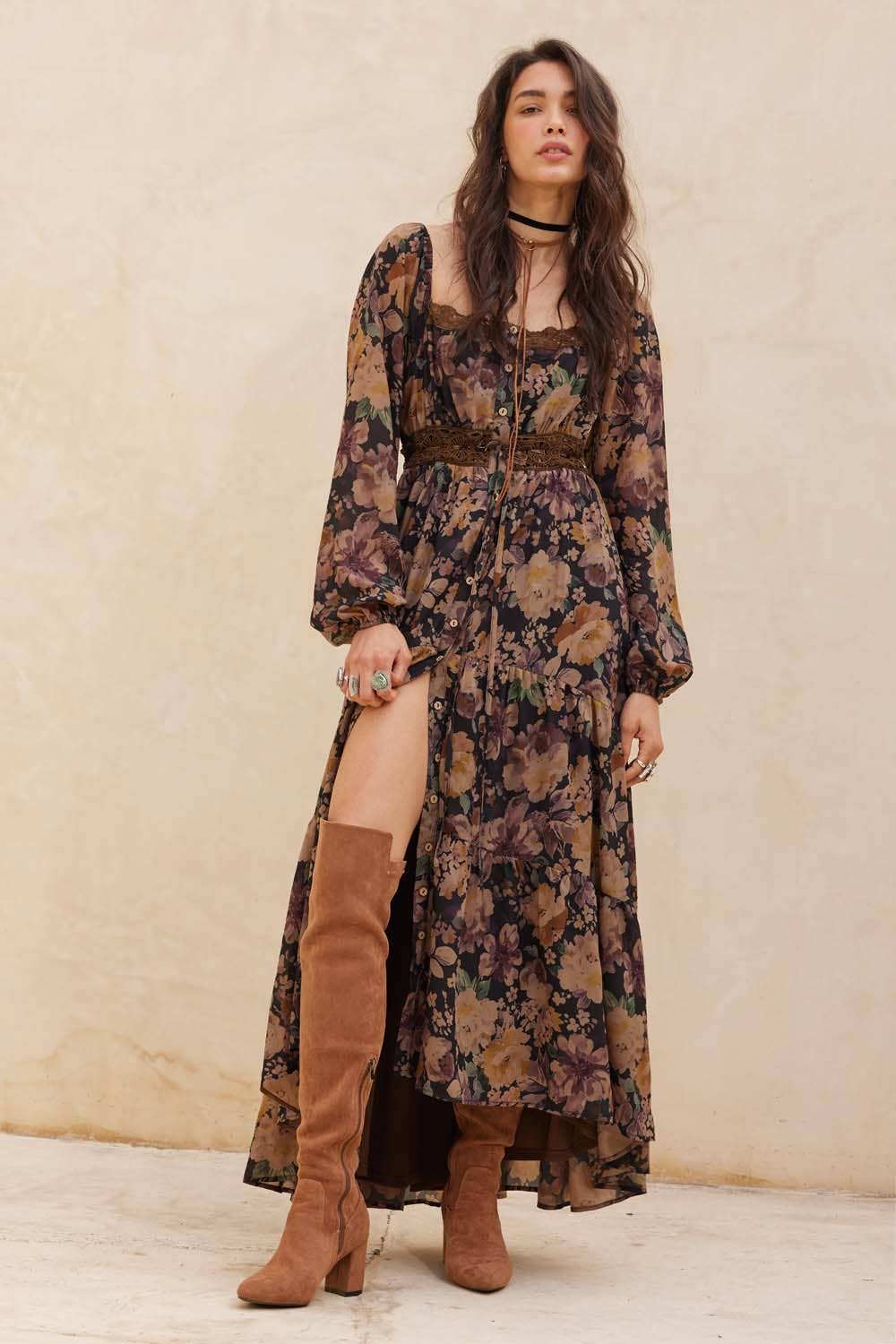 Floral Button-Front Tiered Ruffle Maxi Dress
