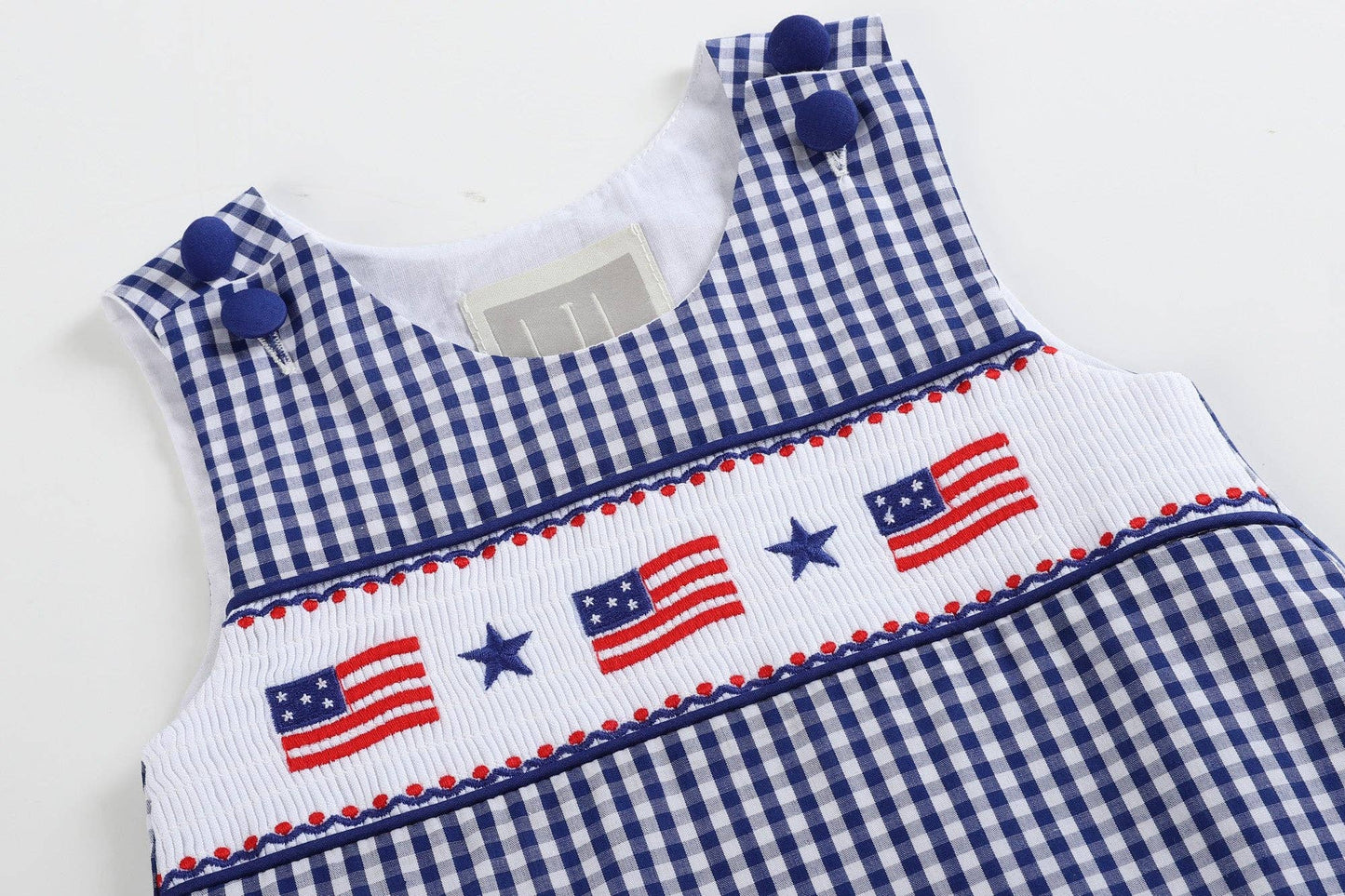 Royal Blue Gingham American Flag Smocked Shortalls