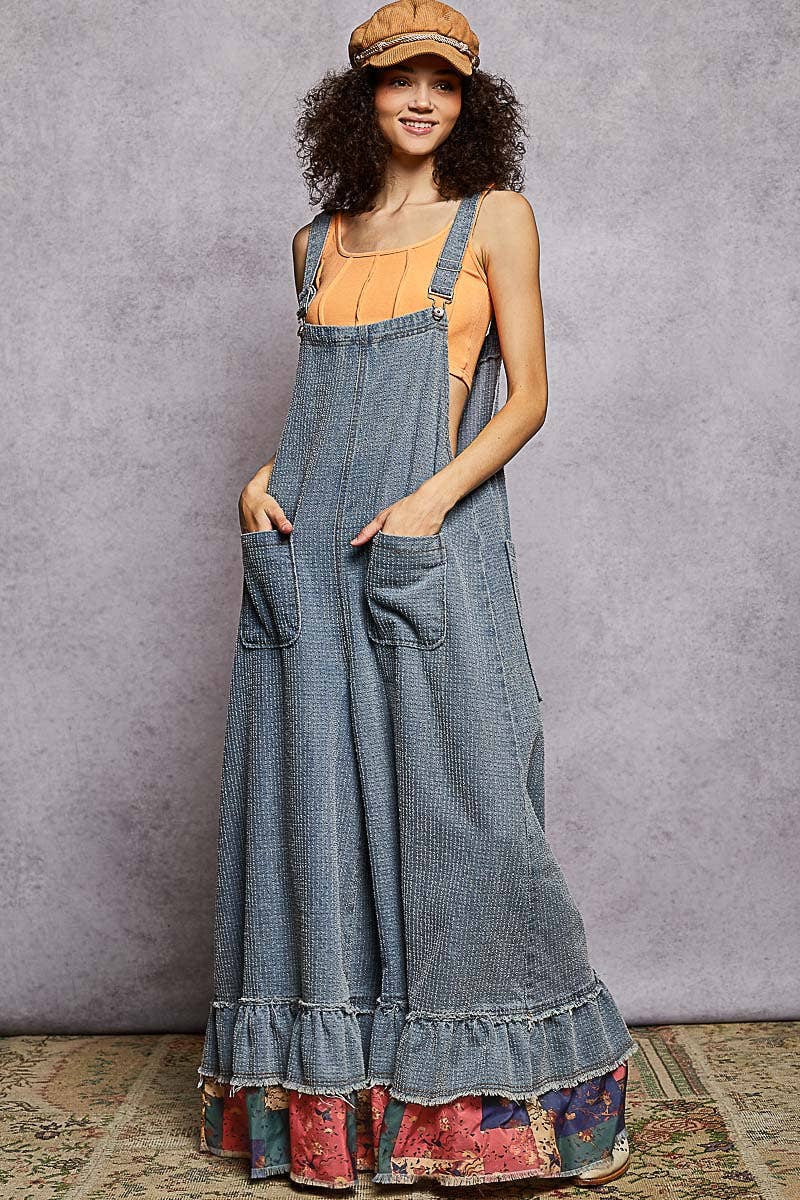 Textured Denim Contrast Ruffle Woven Overalls