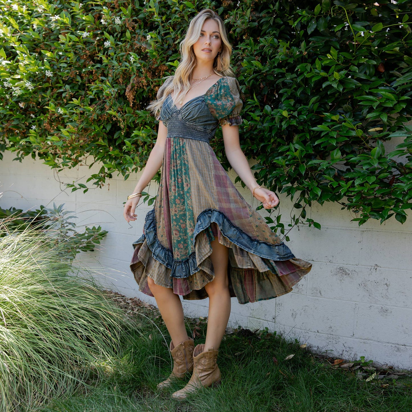 Ruffled Asym Hem Midi Dress with Denim Inserts