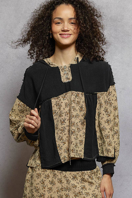 Vintage Washing Double Gauze Floral Printed Hoodie Top