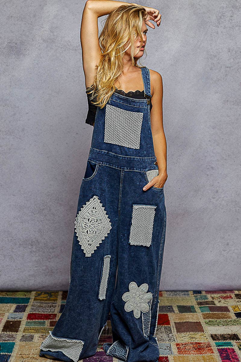 Indigo Denim Crochet Patch Overalls