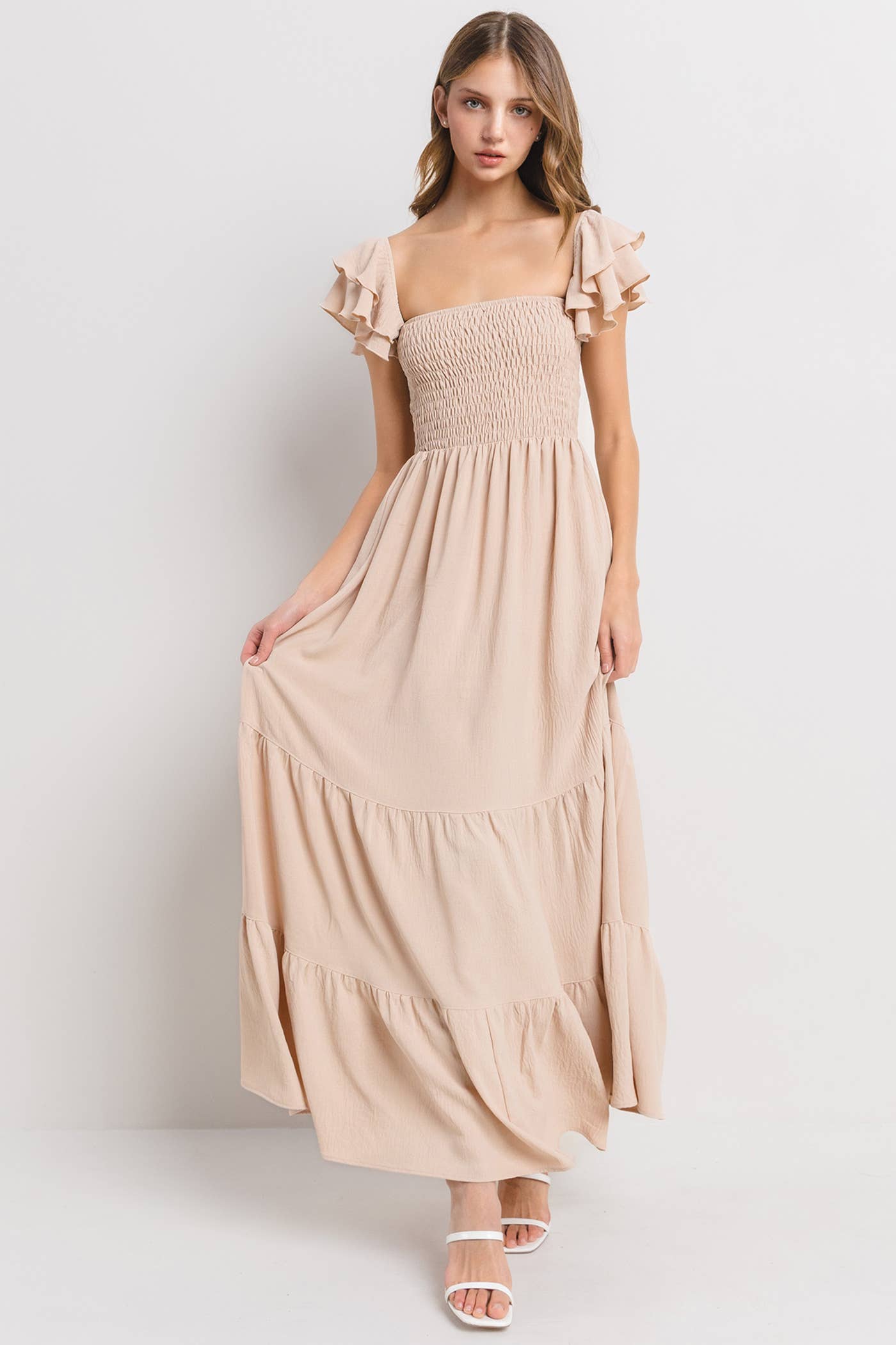 Solid Flared Sleeve Long Tiered Dress