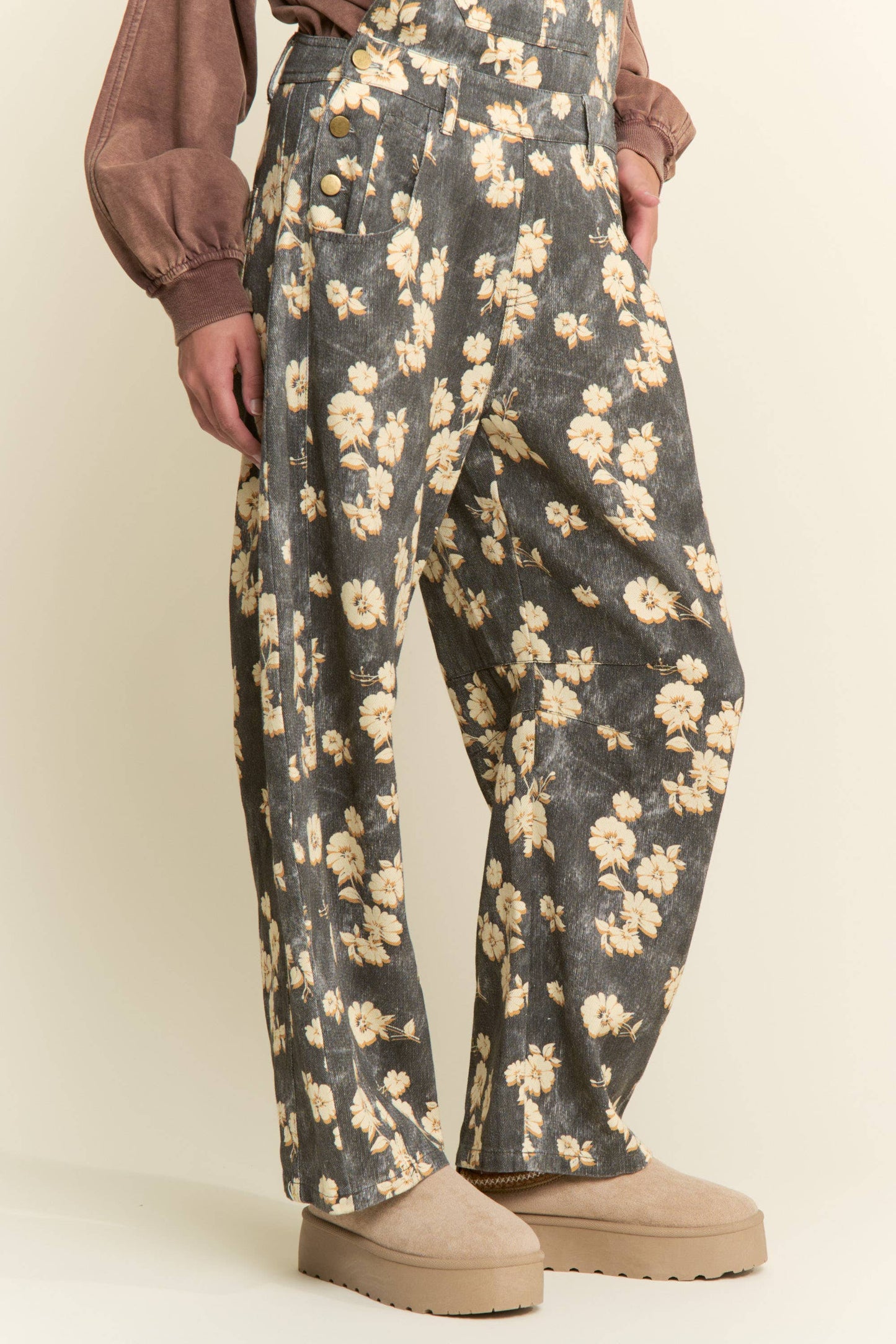 Ash Black Floral Barrel Overalls