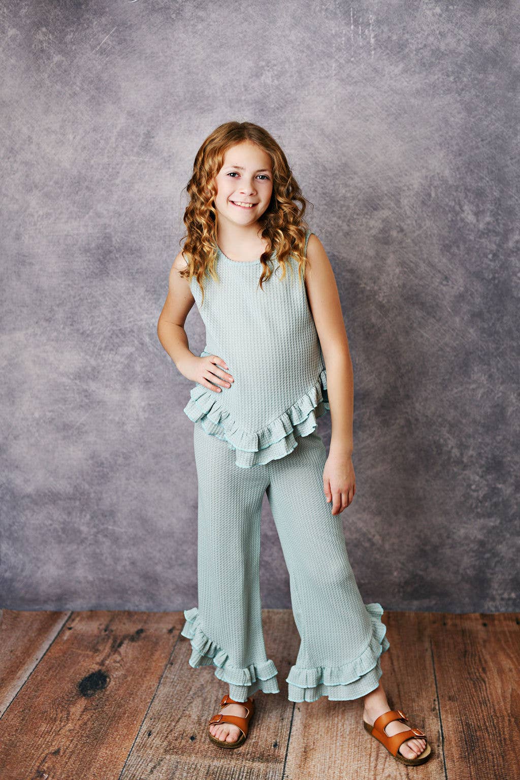 Kids Teal Blue Ruffle Waffle Knit Spring Summer Set