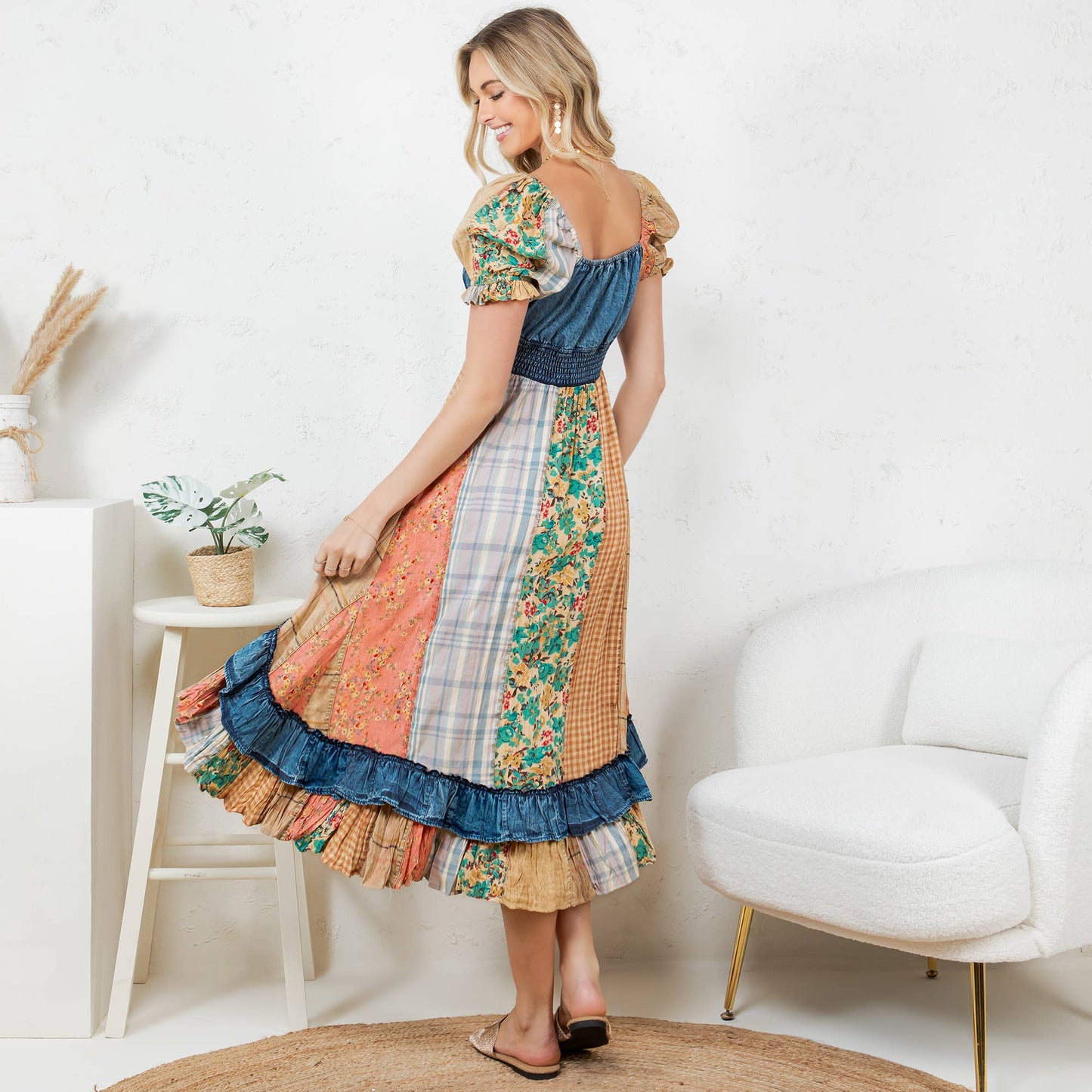 Ruffled Asym Hem Midi Dress with Denim Inserts