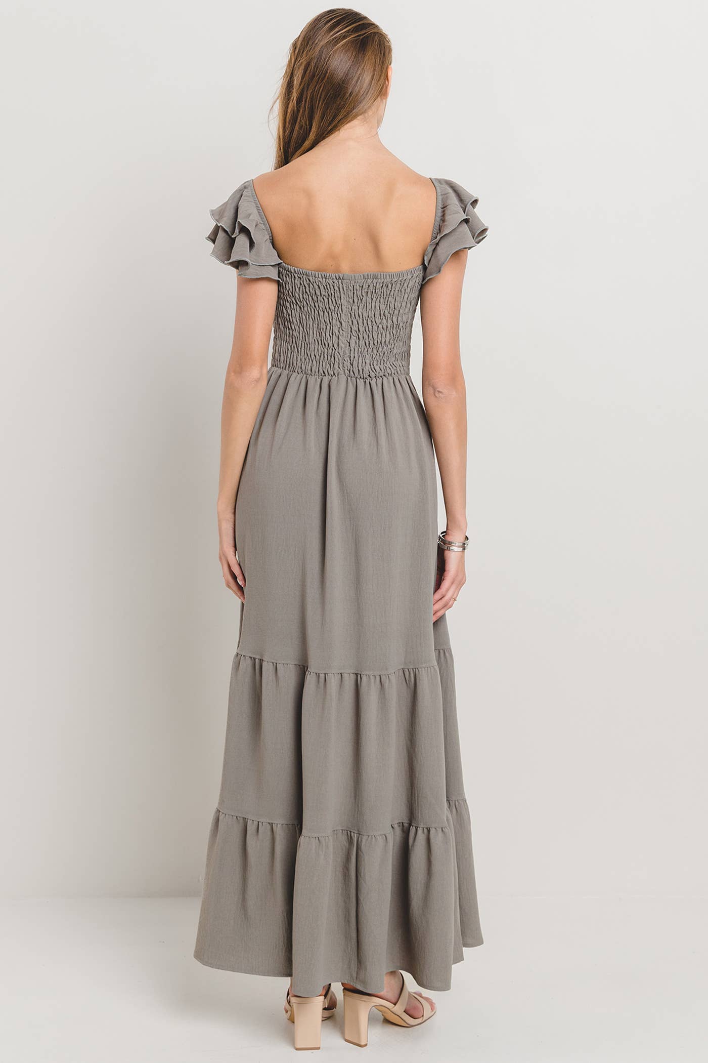 Plus Solid Flared Sleeve Long Tiered Dress