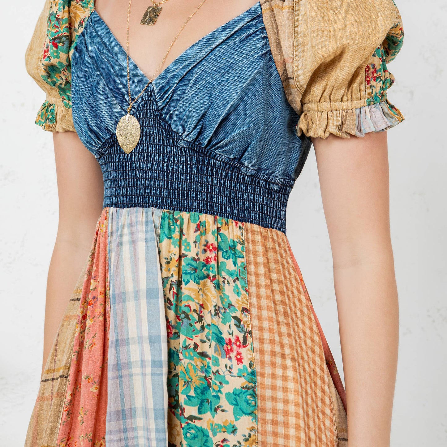 Ruffled Asym Hem Midi Dress with Denim Inserts